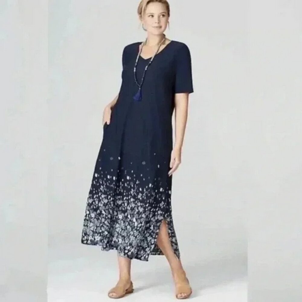 J. Jill Pure Jill Border Print Blue Short Sleeve Maxi Dress Size Petite Small